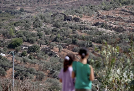 Due bambine di spalle osservano in lontananza un attacco di coloni a un campo agricolo palestinese. 